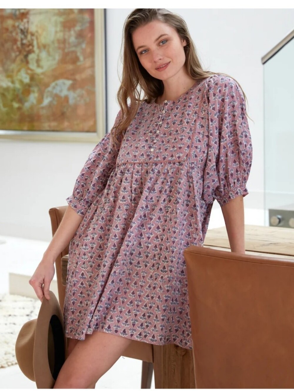 The Fox & The Mermaid Aparna Mini Dress Floral 100% Cotton Purple Balloon Sleeve